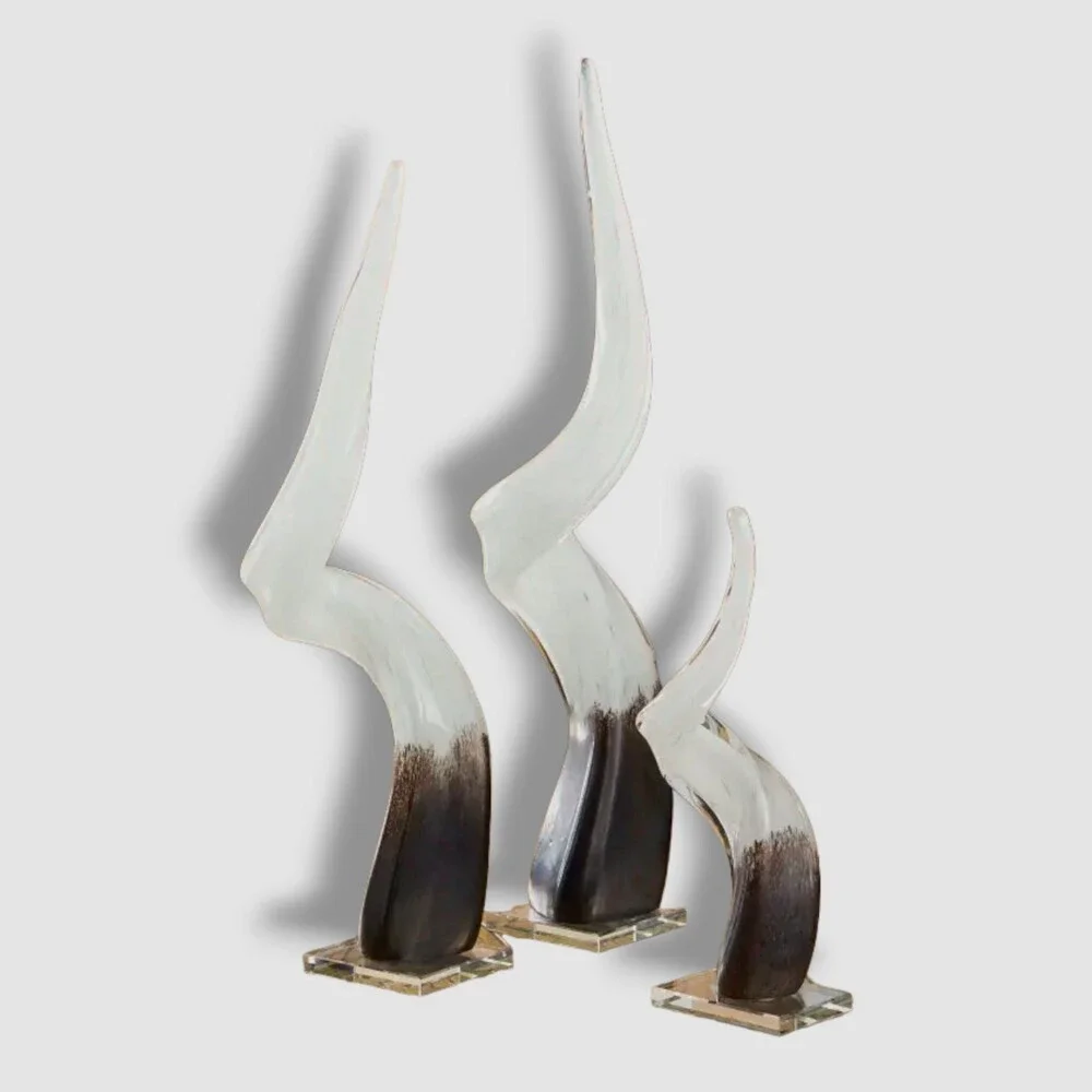 $298 Global Views White Glass Horns 3pc Decorative Centerpiece Table Sculpture